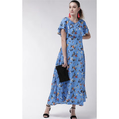 Women's Crepe Floral Half Sleeves Full Length Gown(Blue)