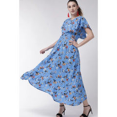 Women's Crepe Floral Half Sleeves Full Length Gown(Blue)