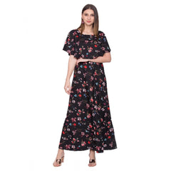 Women's Crepe Floral Half Sleeves Full Length Gown(Black)