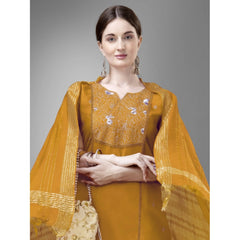 Women's Casual 3-4 th Sleeve Embroidery Cotton Kurti Pant Dupatta Set (Yellow)