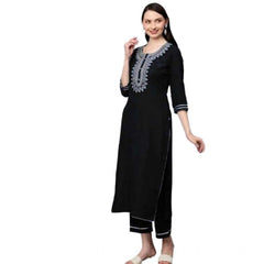 Women's Cotton Printed 3-4th Sleeve Ankle Length Kurti with Pant Set (Black)