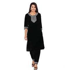 Women's Cotton Printed 3-4th Sleeve Calf Length Kurti with Pant Set (Black)