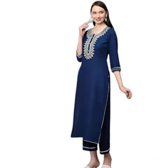 Women's Cotton Printed 3-4th Sleeve Ankle Length Kurti with Pant Set (Blue)