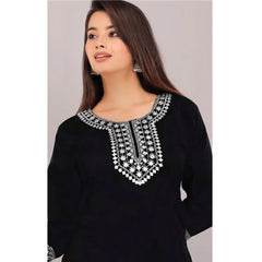 Women's Cotton Printed 3-4th Sleeve Calf Length Kurti with Pant Set (Black)