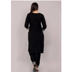 Women's Cotton Printed 3-4th Sleeve Ankle Length Kurti with Pant Set (Black)