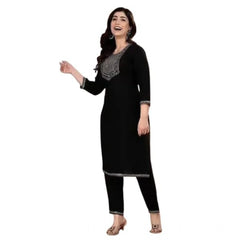 Women's Cotton Embroidery 3-4th Sleeve Calf Length Kurti with Pant Set (Black)