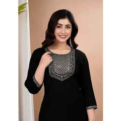 Women's Cotton Embroidery 3-4th Sleeve Calf Length Kurti with Pant Set (Black)