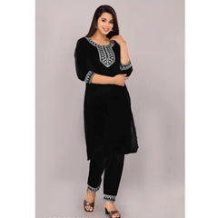 Women's Cotton Printed 3-4th Sleeve Calf Length Kurti with Pant Set (Black)