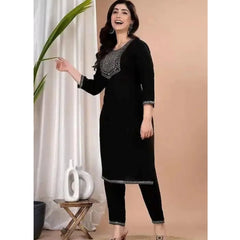 Women's Cotton Embroidery 3-4th Sleeve Calf Length Kurti with Pant Set (Black)