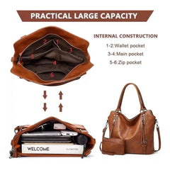 Women's PU Leather Large Shoulder Zipper Handbag (Brown)