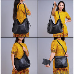 Women's PU Leather Medium Shoulder Zipper Handbag (Black)