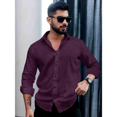 Men's Casual PollyCotton Self-design Full Sleeve Collar Shirt (Wine)