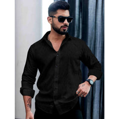 Men's Casual PollyCotton Textured Full Sleeve Collar Shirt (Black)
