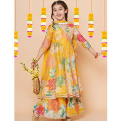 Girl's Rayon Printed Codding Lace Anarkali-Style Suit (Yellow)