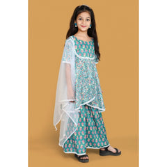 Girl's Silk Blend Floral Prinded Shiffli Lace Top Sharara Dupatta Set (Teal)
