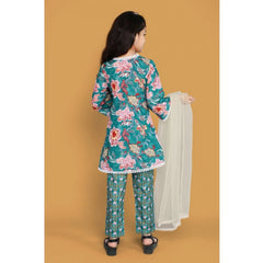 Girl's Silk Blend Floral Prinded Shiffli Lace Salwar Kameez Dupatta Set (Teal)