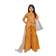 Girl's Cotton Rayon Printed Top And Sharara Set (Mustard)