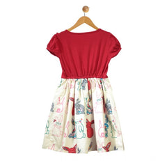Girl's Cotton Printed Short Sleeve Round Neck Dress (Red-White)