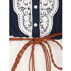 Girl's Denim Embroidery Short Sleeve Round Neck Dress (White)
