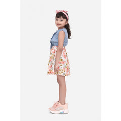 Girl's Denim-Cotton Floral Printed Sleeveless Round Neck Dress (Multicolor)