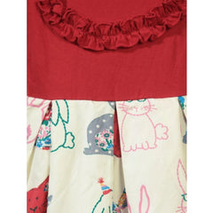 Girl's Cotton Printed Short Sleeve Round Neck Dress (Red-White)