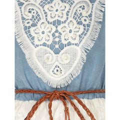 Girl's Denim Embroidery Short Sleeve Round Neck Dress (White)