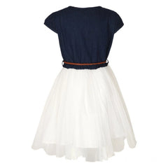 Girl's Denim Embroidery Short Sleeve Round Neck Dress (White)
