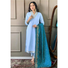 Women's Roman Silk Embroidery 3-4th Sleeve V-Neck Kurti With Pant Dupatta Set (Rama)