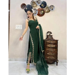 Women's Georgette Embroidery Sleeveless Round Neck Kurti, Palazzo And Dupatta Set (Green)