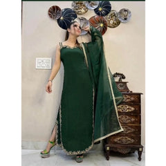 Women's Georgette Embroidery Sleeveless Round Neck Kurti, Palazzo And Dupatta Set (Green)