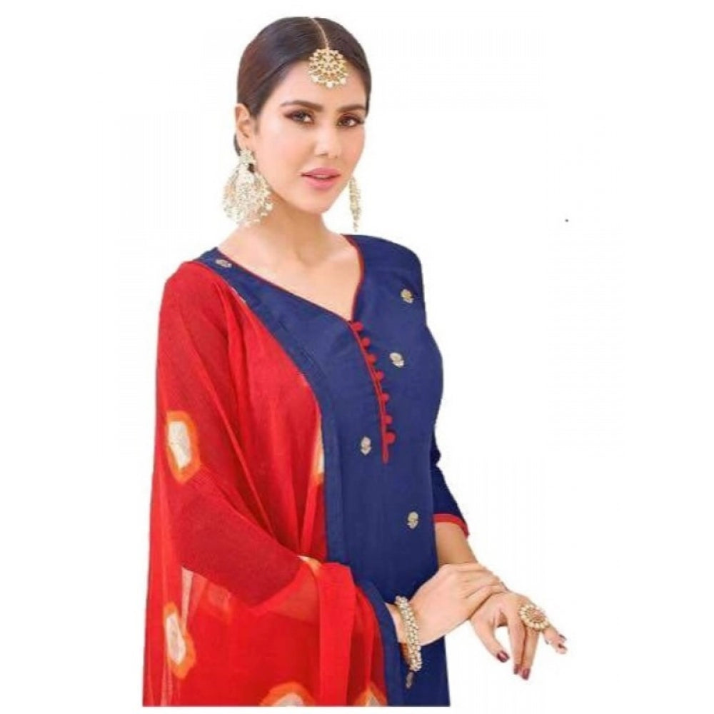 Womens Cotton Regular Unstitched Salwar-Suit Material With Dupatta (Blue, Red, 2 mtr)