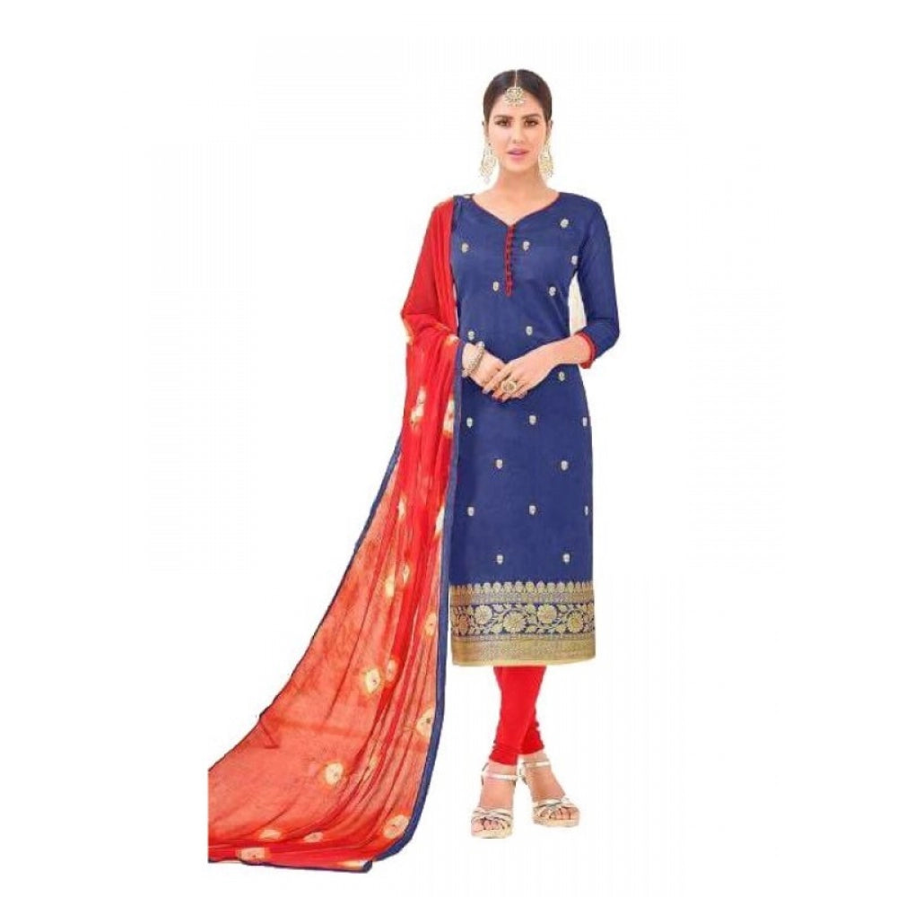 Womens Cotton Regular Unstitched Salwar-Suit Material With Dupatta (Blue, Red, 2 mtr)