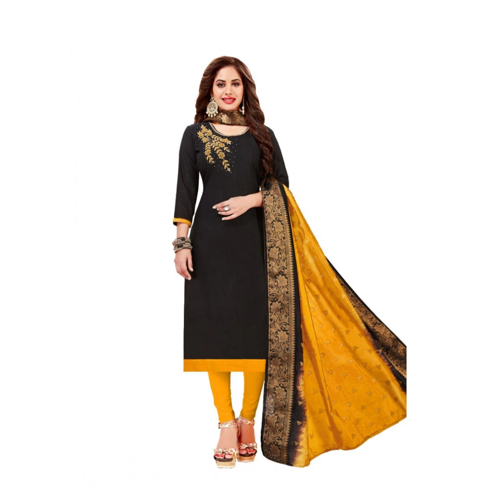 Women's Slub Cotton Unstitched Salwar-Suit Material With Dupatta (Black, 2-2.5mtrs)