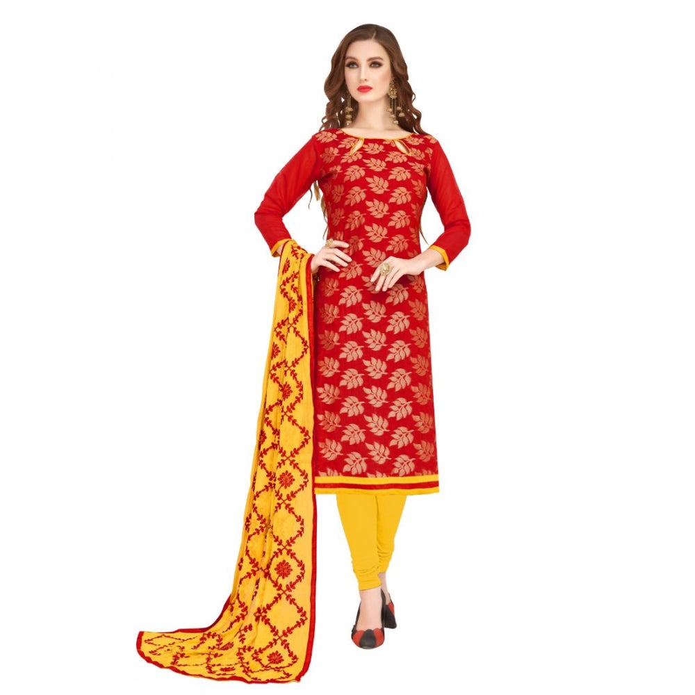 Women's Banarasi Jacquard Unstitched Salwar-Suit Material With Dupatta (Red, 2-2.5mtrs)