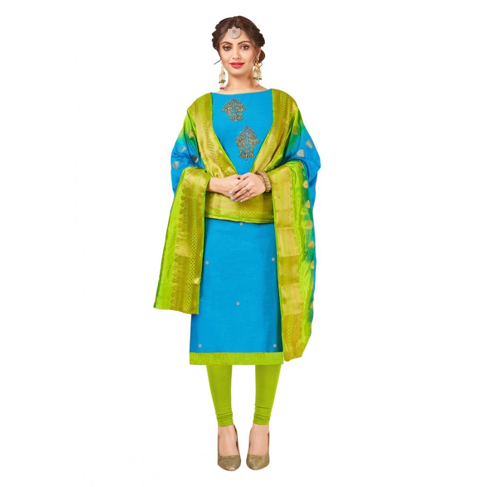 Women's South Slub Cotton Unstitched Salwar-Suit Material With Dupatta (Sky Blue, 2-2.5mtrs)