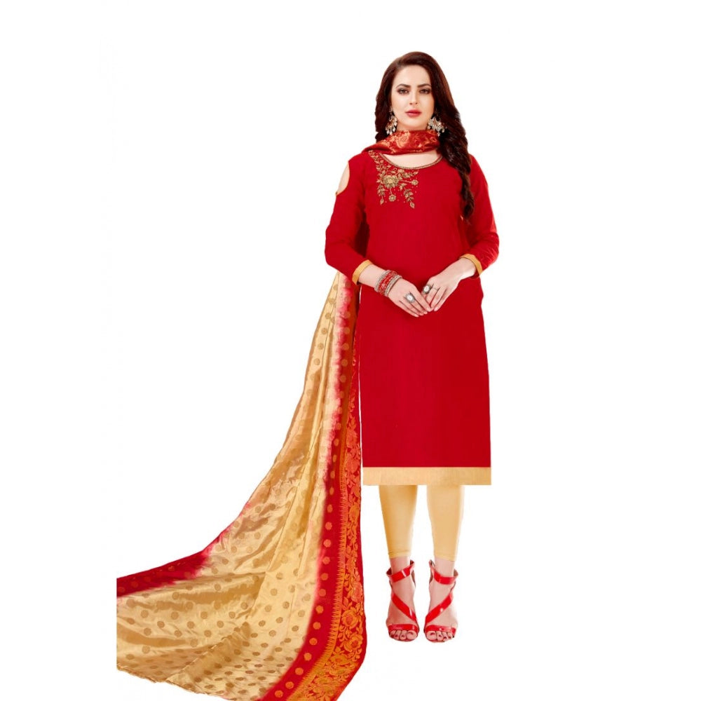 Slub Cotton Unstitched Salwar-Suit Material With Dupatta (Red, 2-2.5mtrs)