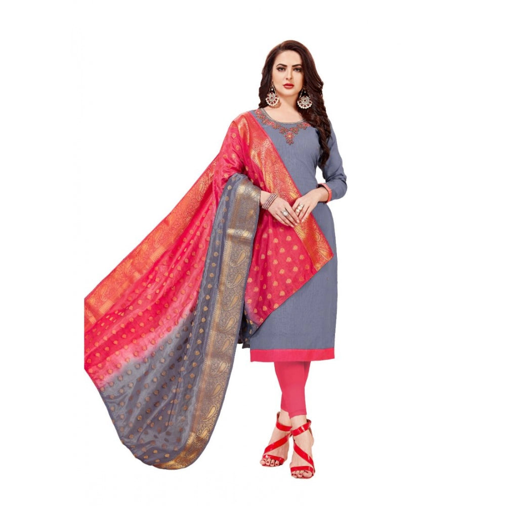 Women's Slub Cotton Unstitched Salwar-Suit Material With Dupatta (Grey, 2 Mtr)