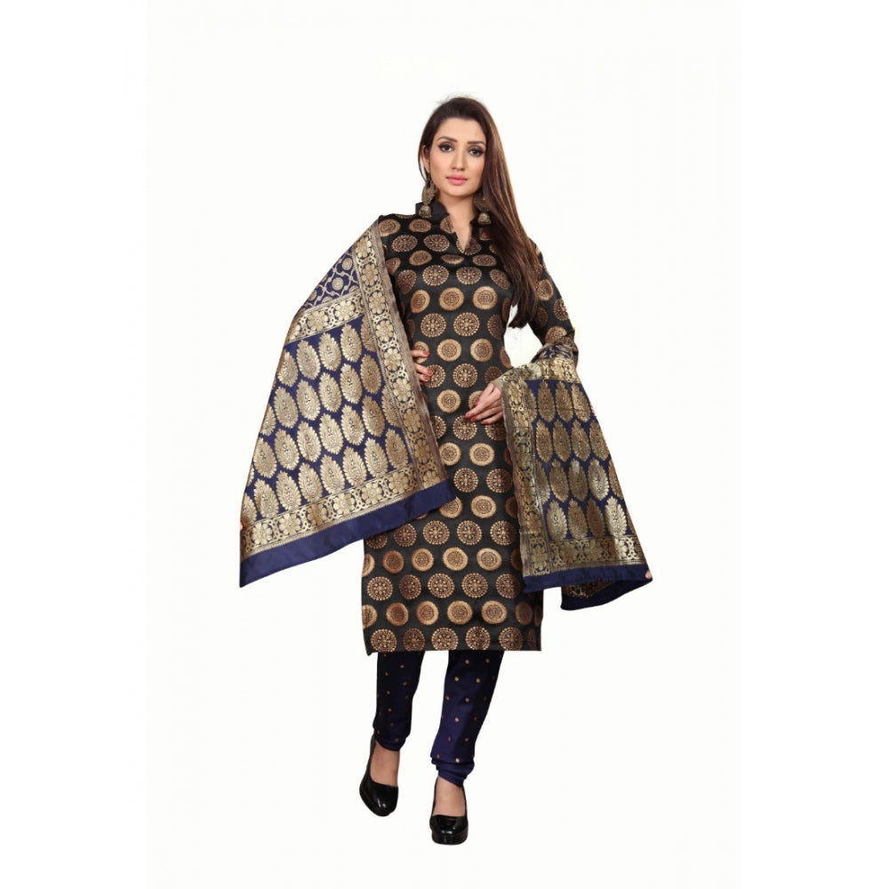 Jacquard Silk Unstitched Salwar-Suit Material With Dupatta (Black,2-2.5Mtrs)