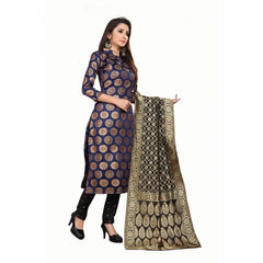 Jacquard Silk Unstitched Salwar-Suit Material With Dupatta (Blue,2-2.5Mtrs)