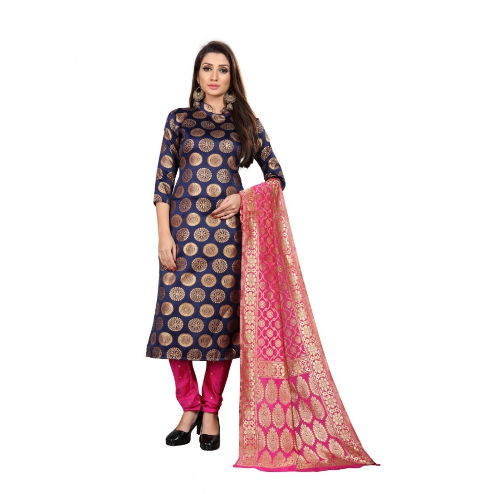 Jacquard Silk Unstitched Salwar-Suit Material With Dupatta (Blue,2-2.5Mtrs)