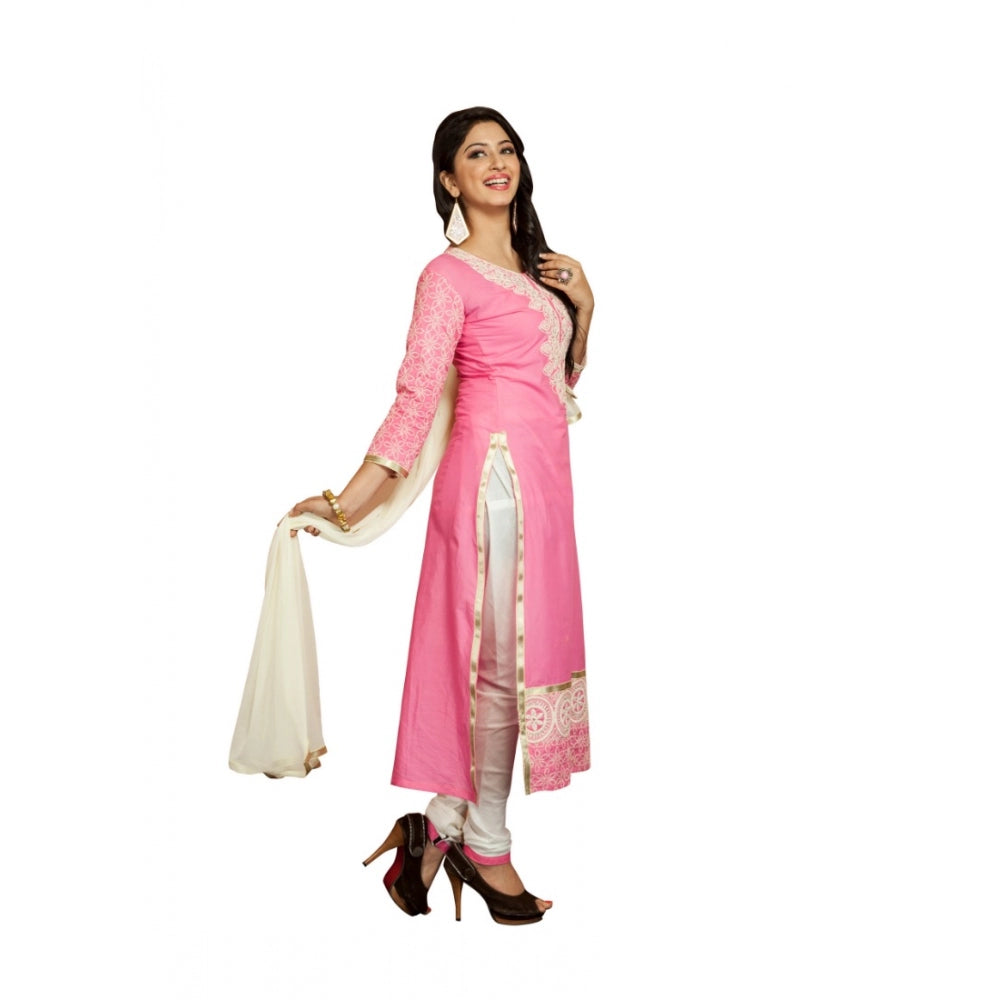 Georgette Unstitched Salwar Suit-Material With Dupatta (Pink &amp; White,2.2 Mtrs)