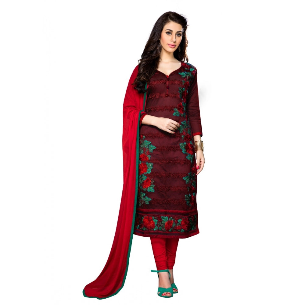 Women's Cotton Unstitched Salwar Suit-Material With Dupatta (Dark Maroon,2.3 Mtrs)