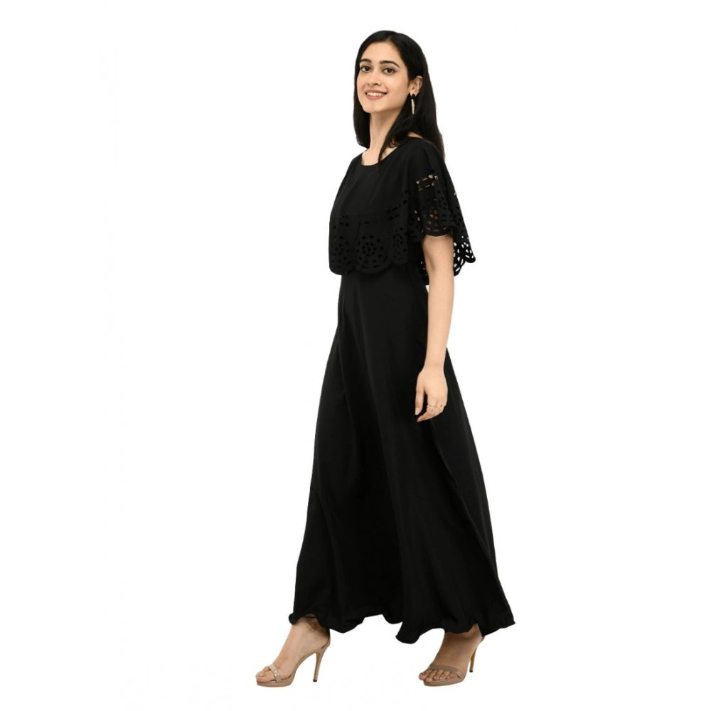 Women's Crepe Solid Sleeveless Full Length Gown(Black)