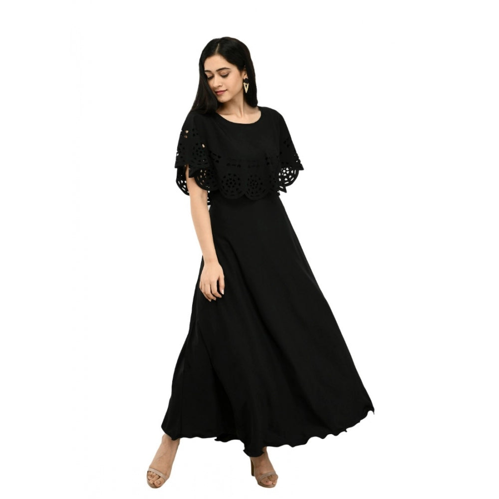 Women's Crepe Solid Sleeveless Full Length Gown(Black)