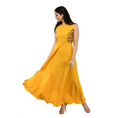 Women's Crepe Solid Sleeveless Full Length Gown(Yellow)