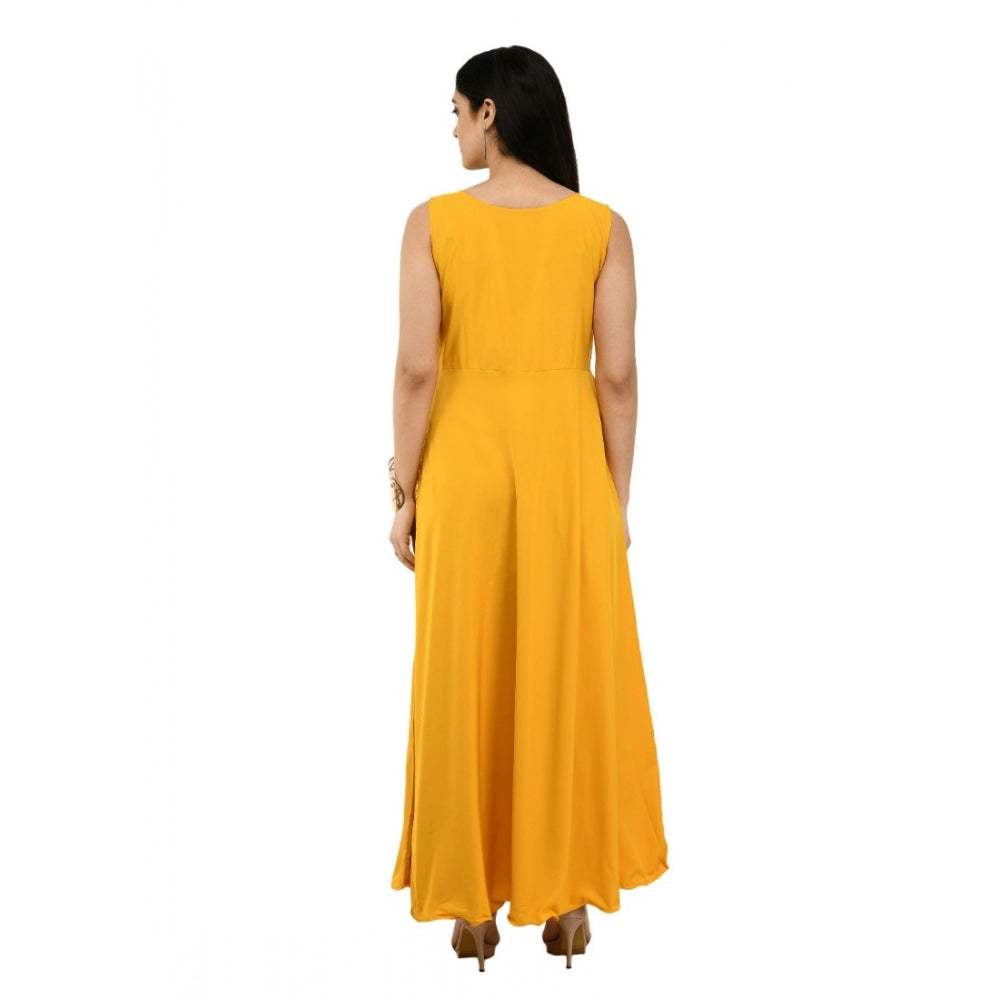 Women's Crepe Solid Sleeveless Full Length Gown(Yellow)