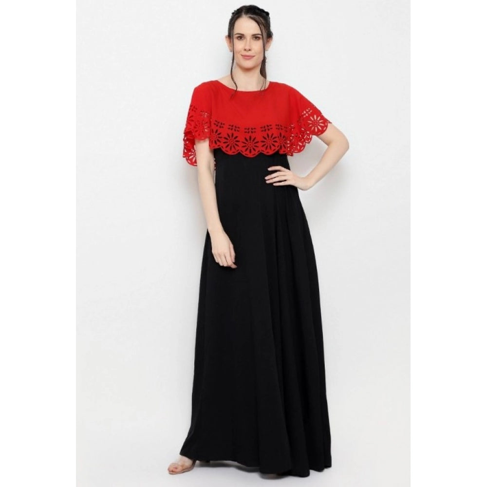 Crepe Solid Sleeveless Full Length Gown(Red Black)