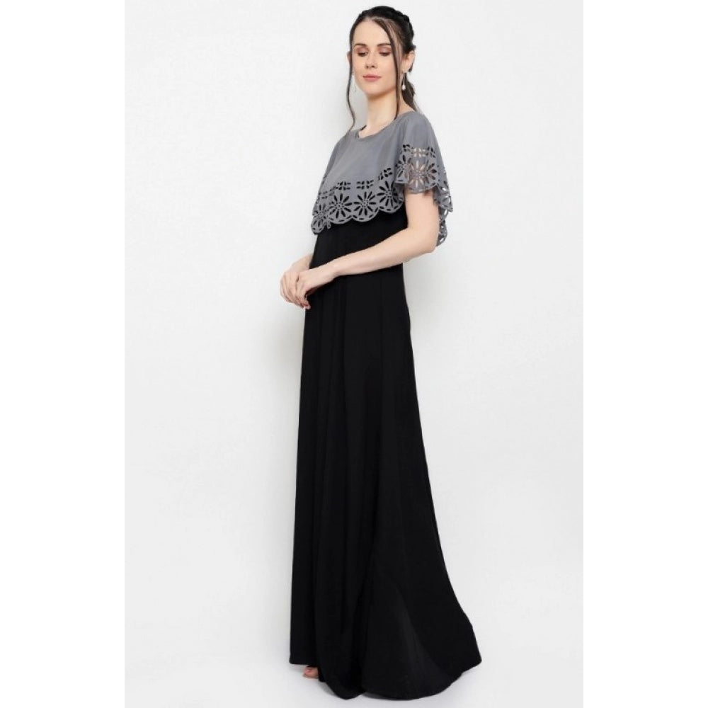 Crepe Solid Sleeveless Full Length Gown(Grey Black)