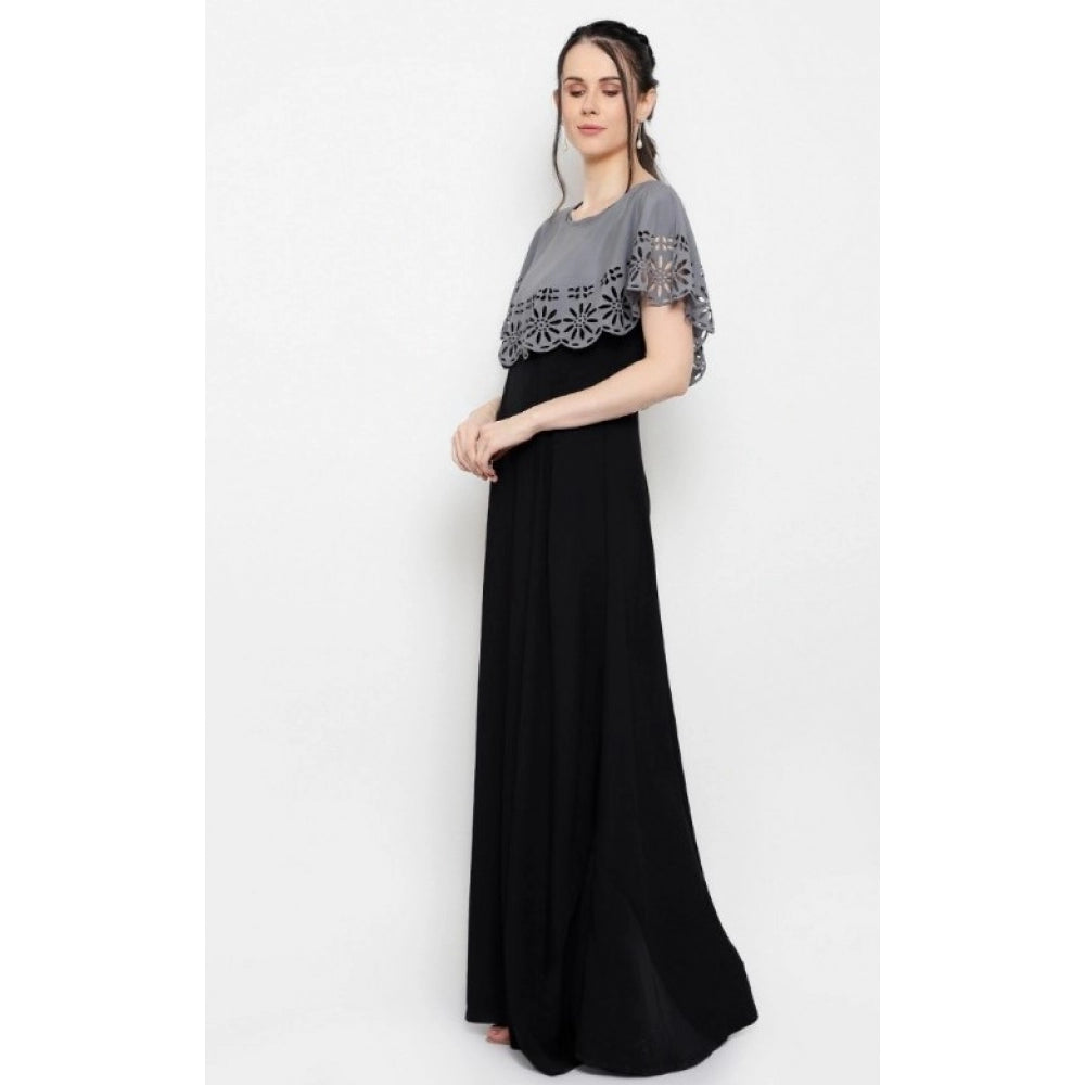 Crepe Solid Sleeveless Full Length Gown(Grey Black)