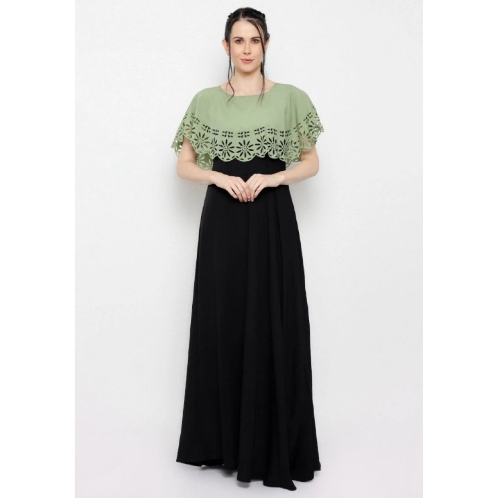 Crepe Solid Sleeveless Full Length Gown(Green Black)